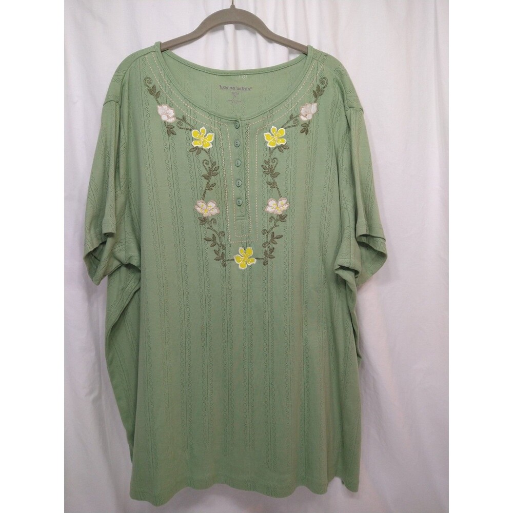 Women Within Size 2X 26/28 Green Embroidered Details Floral Knit T-Shirt Spring
